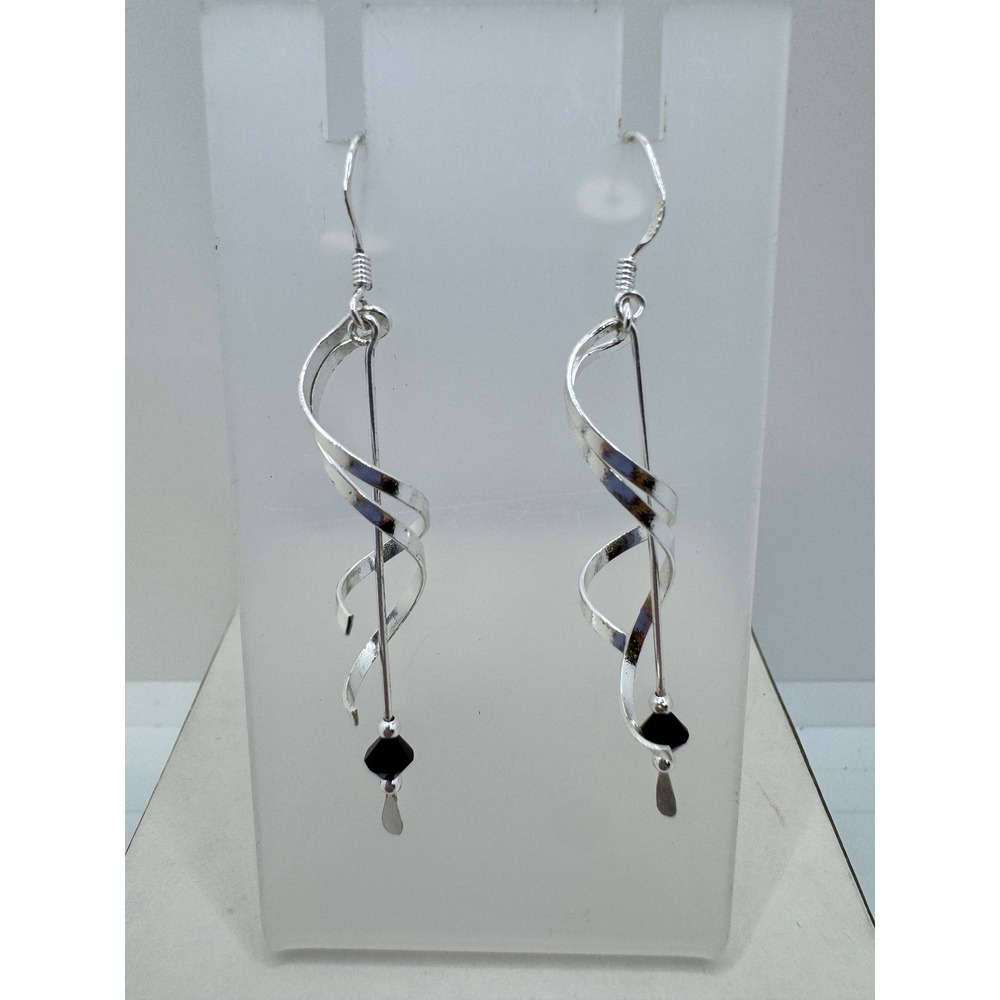 Sterling Silver 925 Hammered Spiral Drop Earrings Black Crystal Dangle Modernist